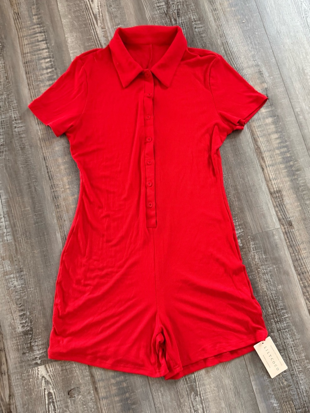 Women's Red Short-Sleeve Polo Collar Romper with Pockets